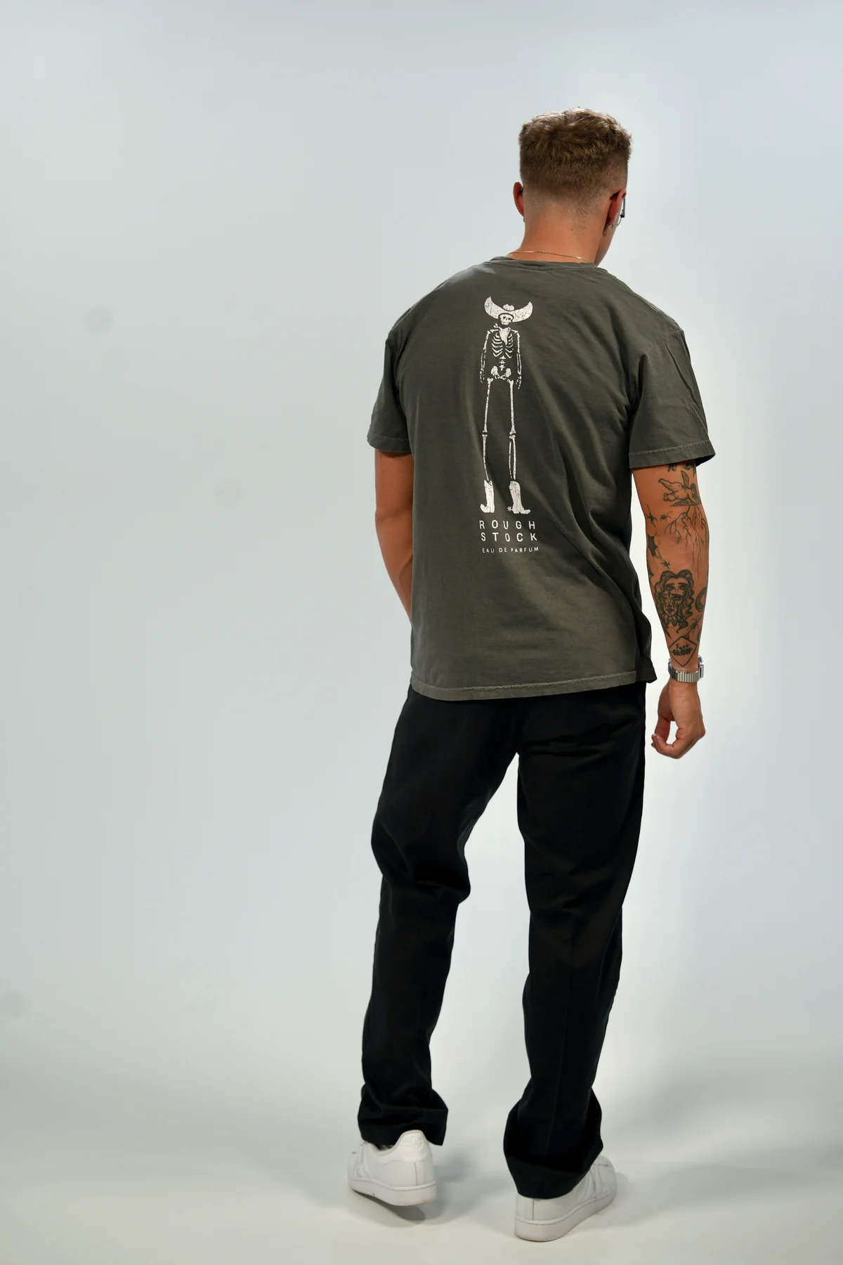 Rough Stock Tee — Hazy Gray, worn, back