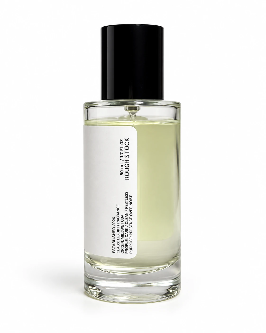 ROUGH STOCK Eau de Parfum — 50 mL, studio visualization, back label